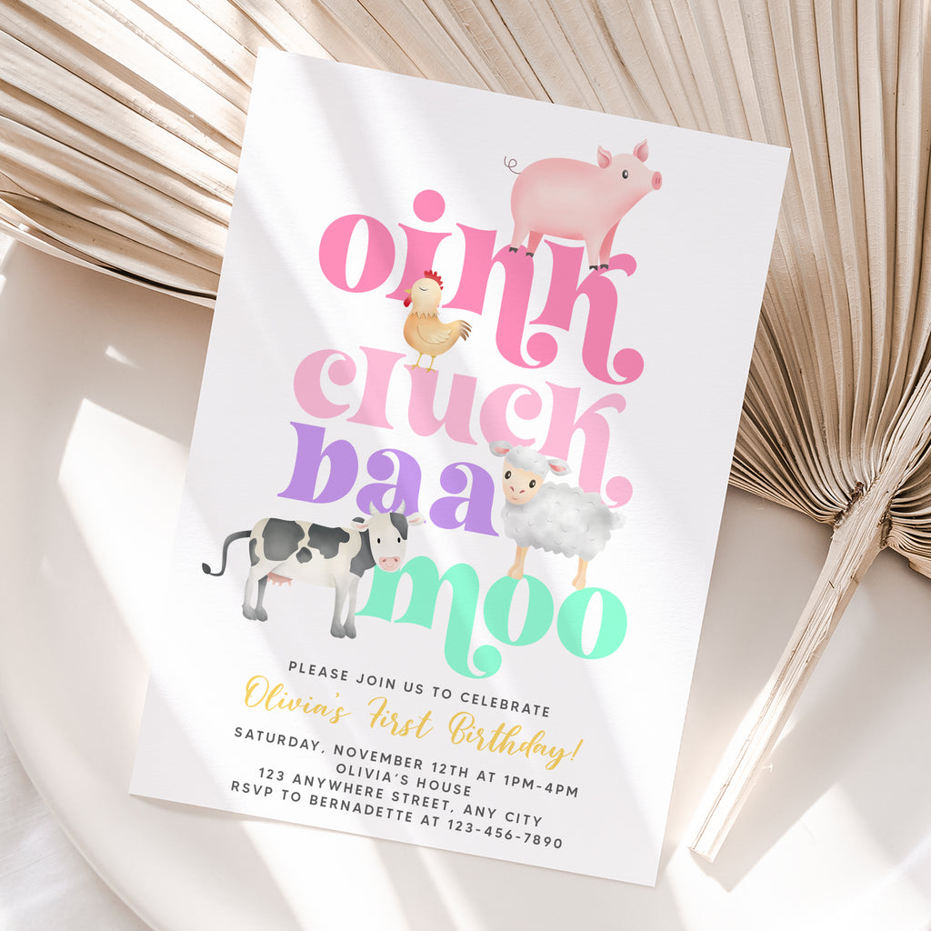 Personalized Farm Animals Girl Birthday Invitation – Digital JPG File for Any Age (Version 2)