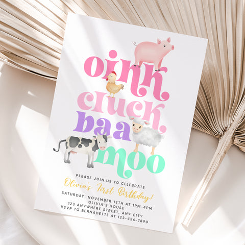 Personalized Farm Animals Girl Birthday Invitation – Digital JPG File for Any Age (Version 2)