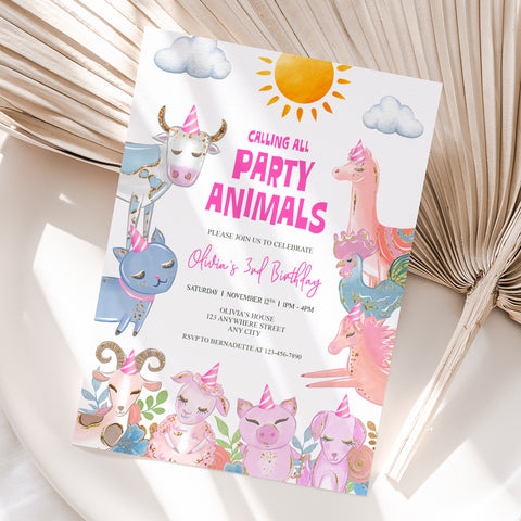 Personalized Farm Animals Girl Birthday Invitation – Digital JPG File for Any Age