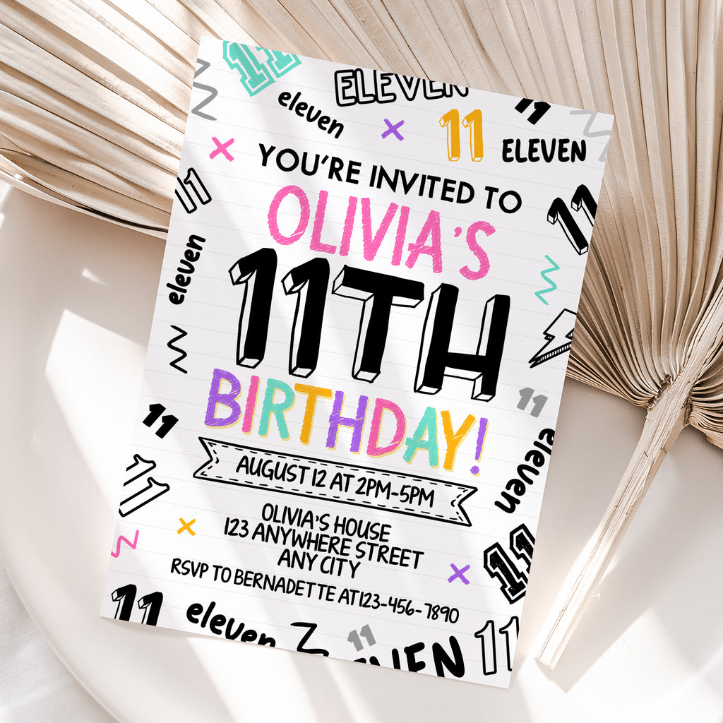 Personalized Girl 11th Birthday Invitation – Digital JPG File