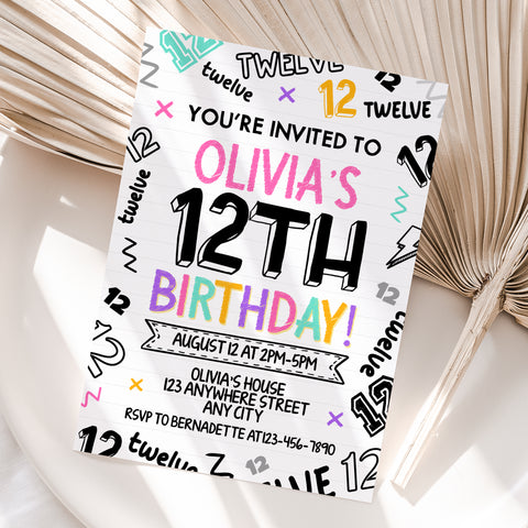 Personalized Girl 12th Birthday Invitation – Digital JPG File