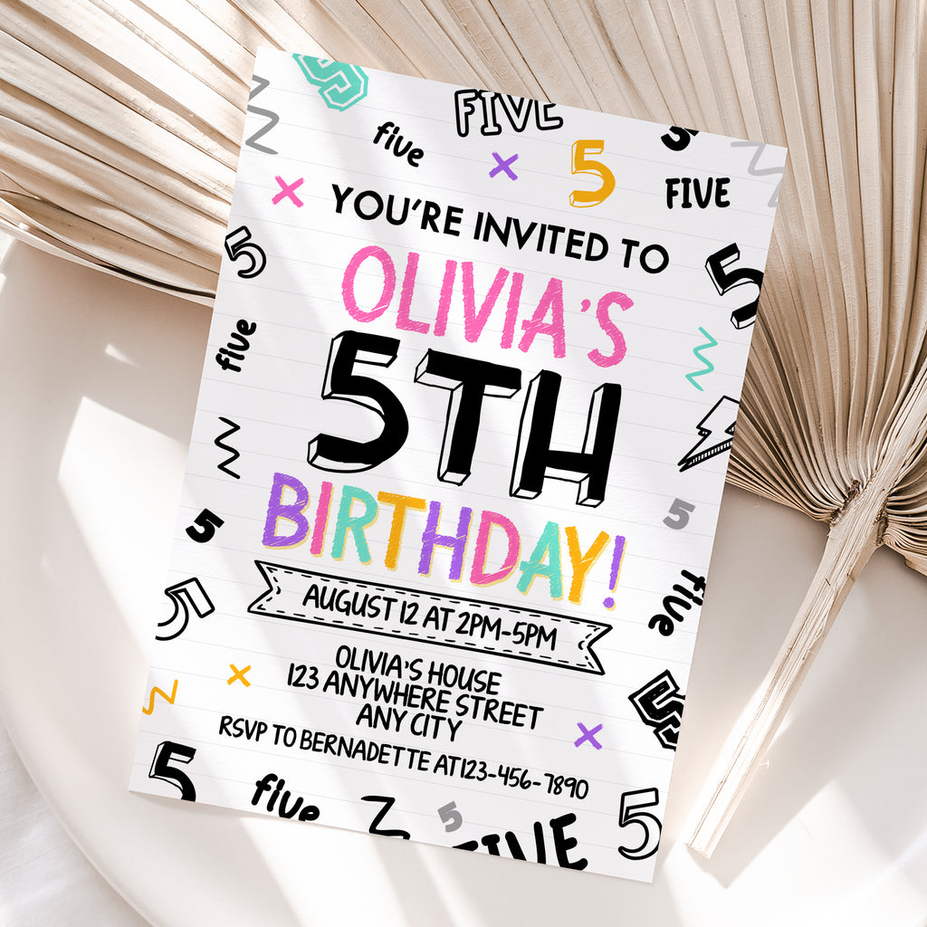 Personalized Girl 5th Birthday Invitation – Digital JPG File