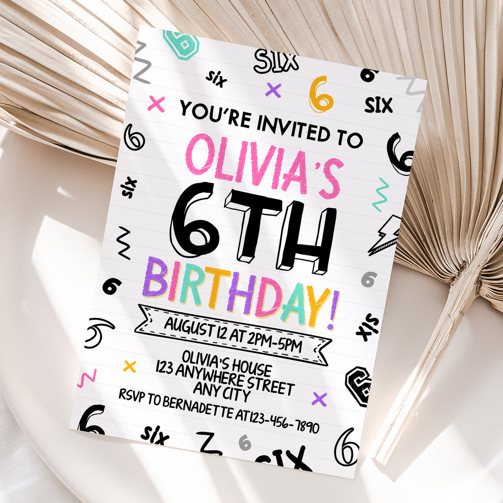 Personalized Girl 6th Birthday Invitation – Digital JPG File