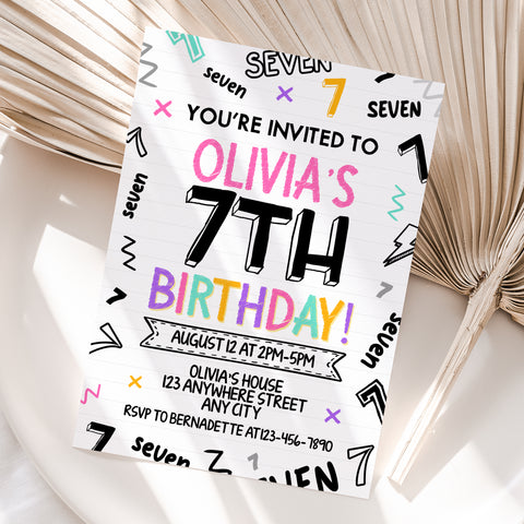 Personalized Girl 7th Birthday Invitation – Digital JPG File