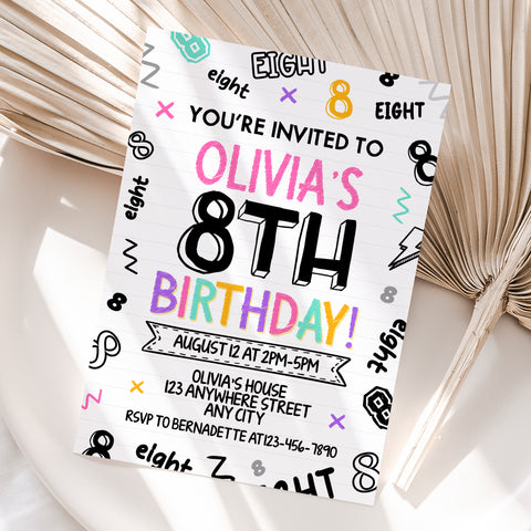 Personalized Girl 8th Birthday Invitation – Digital JPG File