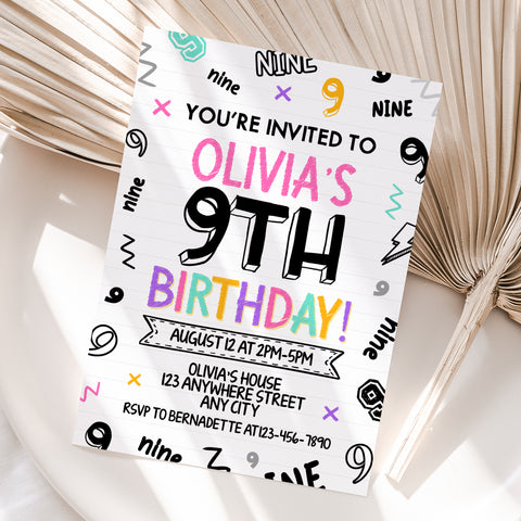 Personalized Girl 9th Birthday Invitation – Digital JPG File