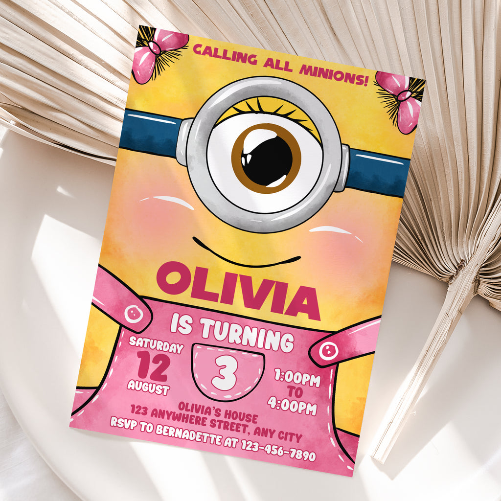 Girl Minion Birthday Invitation – Personalized Digital Printable Party Invite (Version 2)
