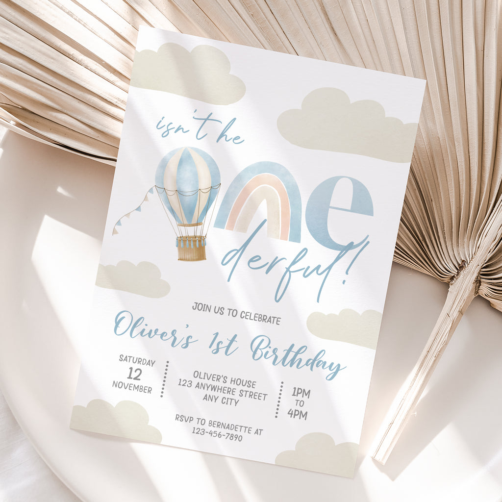 Personalized Hot Air Balloon Boy 1st Birthday Invitation – Digital JPG File