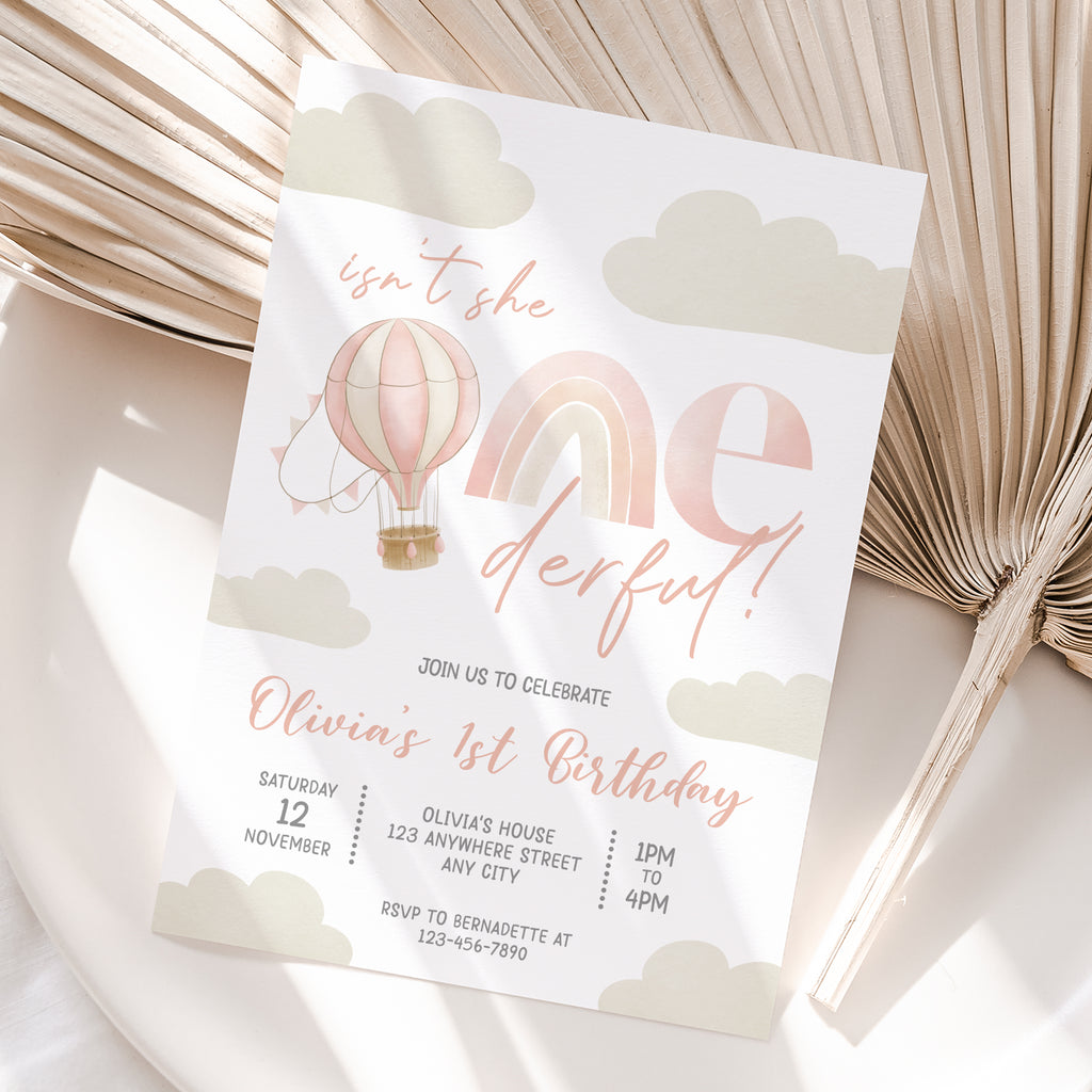 Personalized Hot Air Balloon Girl 1st Birthday Invitation – Digital JPG File
