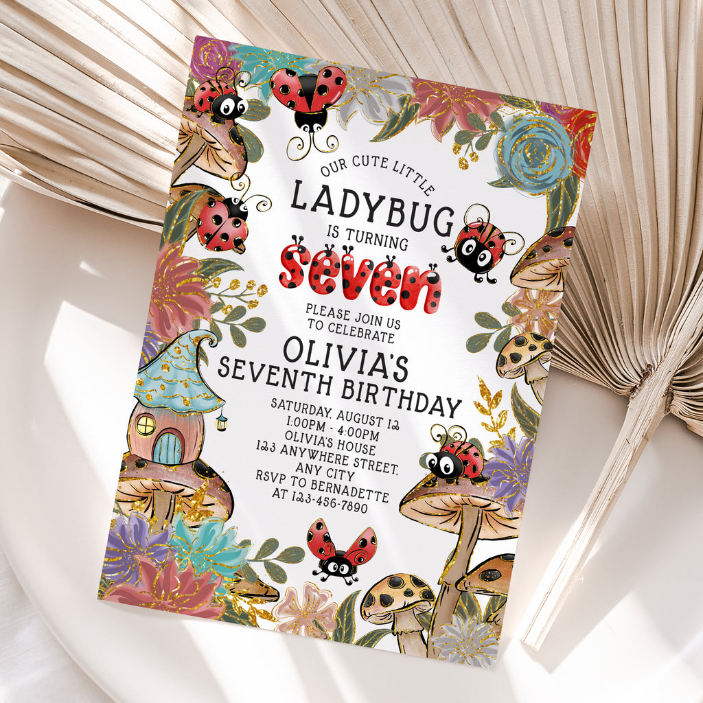 Personalized Ladybug 7th Birthday Invitation – Digital JPG File
