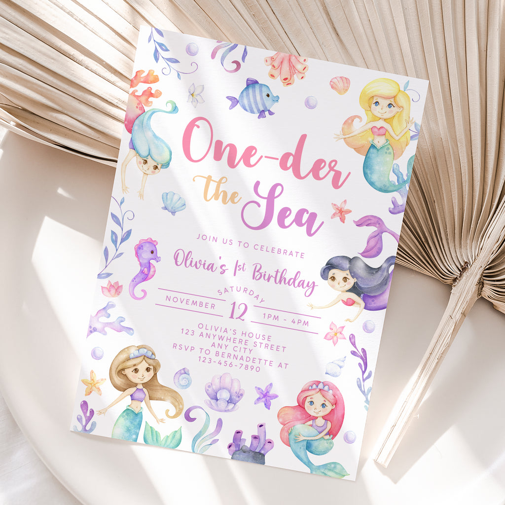 Personalized Mermaid 1st Birthday Invitation – Digital JPG File (Version 2)