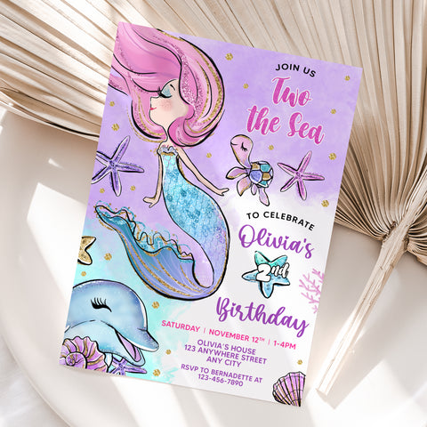 Personalized Mermaid 2nd Birthday Invitation – Digital JPG File