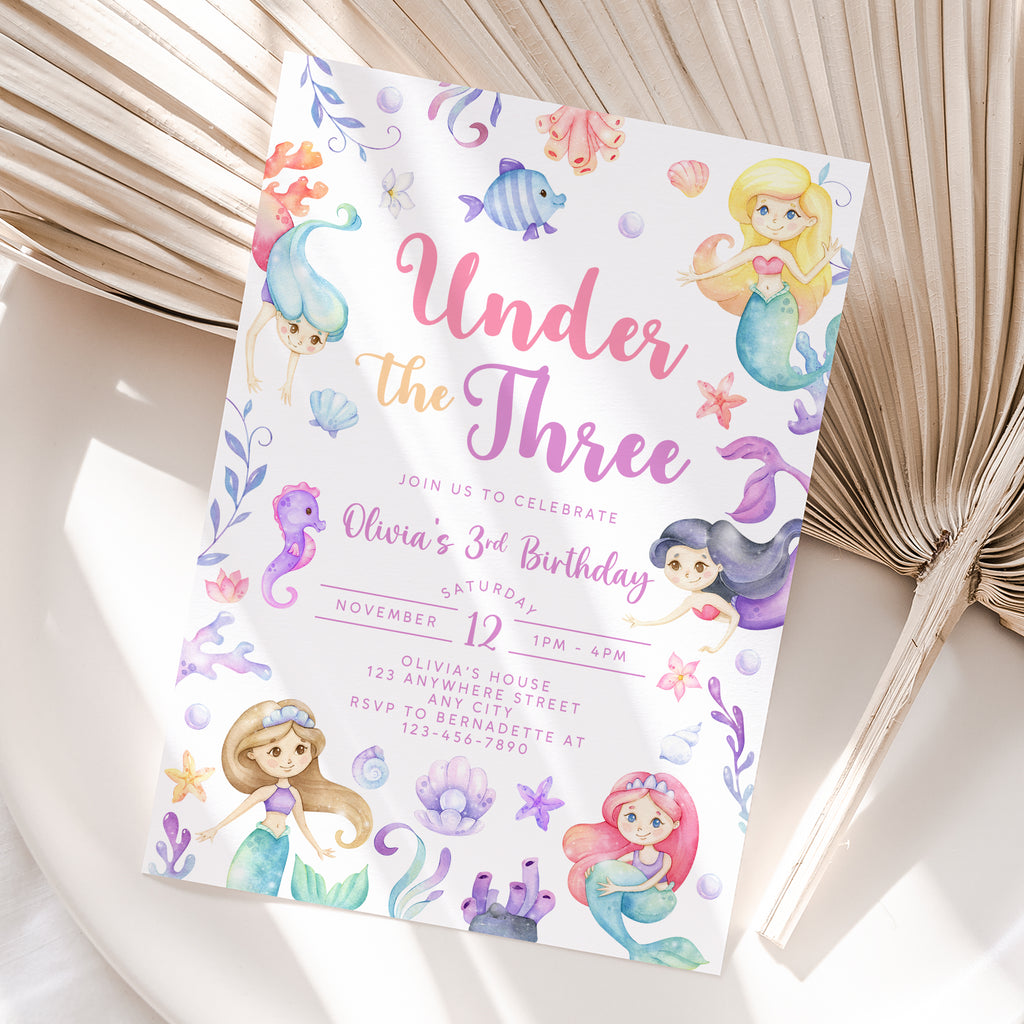 Personalized Mermaid 3rd Birthday Invitation – Digital JPG File (Version 2)