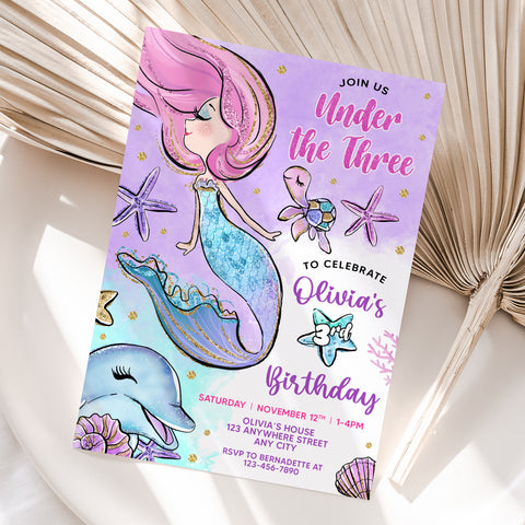 Personalized Mermaid 3rd Birthday Invitation – Digital JPG File