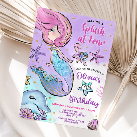 Personalized Mermaid 4th Birthday Invitation – Digital JPG File