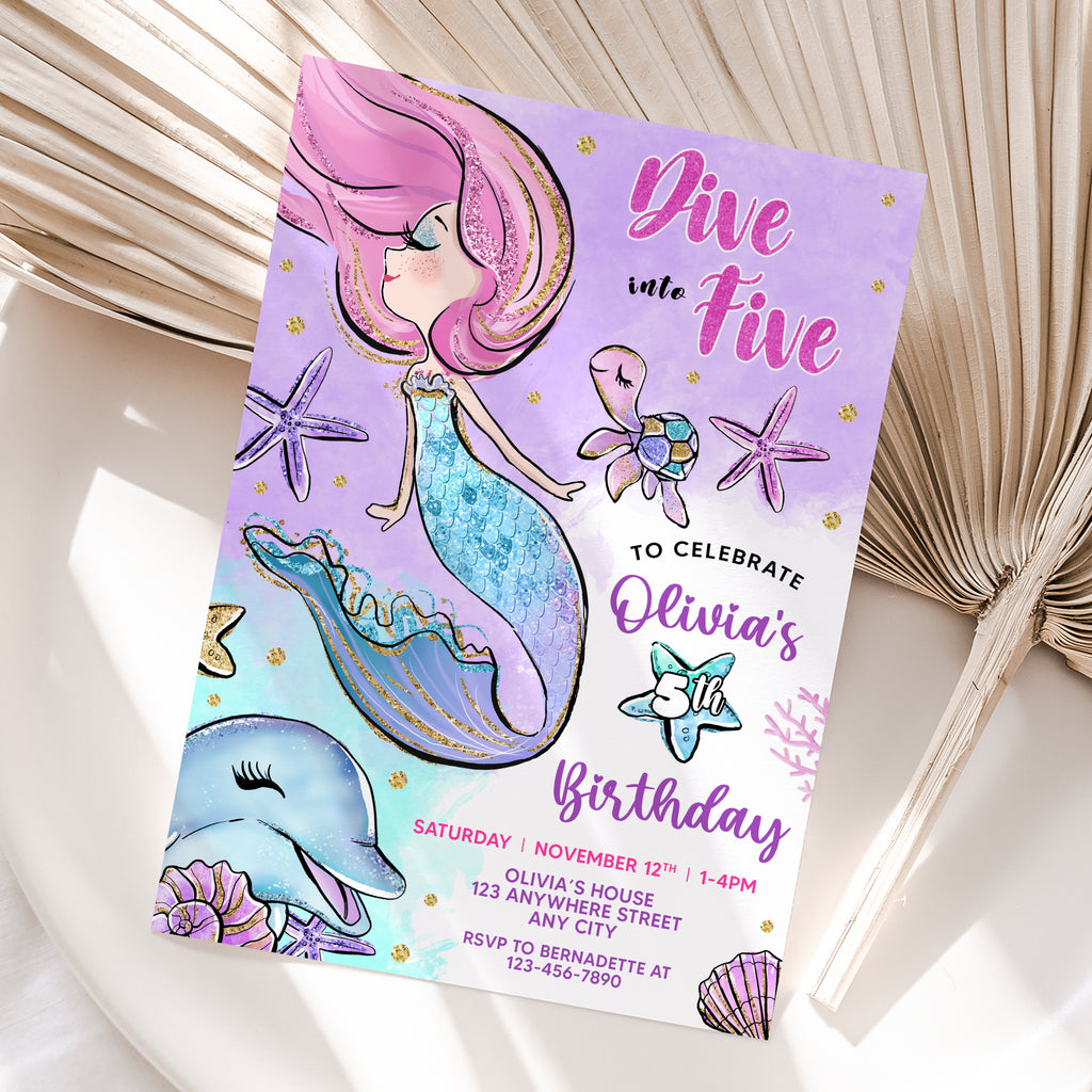Personalized Mermaid 5th Birthday Invitation – Digital JPG File