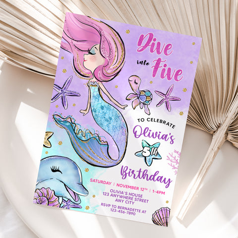 Personalized Mermaid 5th Birthday Invitation – Digital JPG File