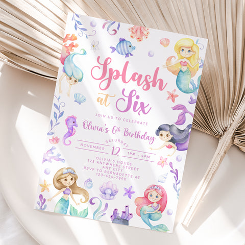 Personalized Mermaid 6th Birthday Invitation – Digital JPG File (Version 2)