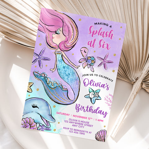 Personalized Mermaid 6th Birthday Invitation – Digital JPG File