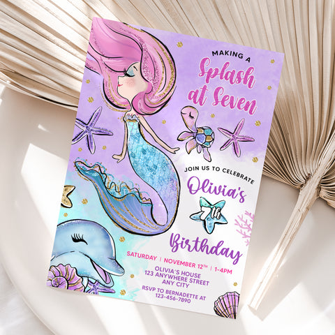 Personalized Mermaid 7th Birthday Invitation – Digital JPG File