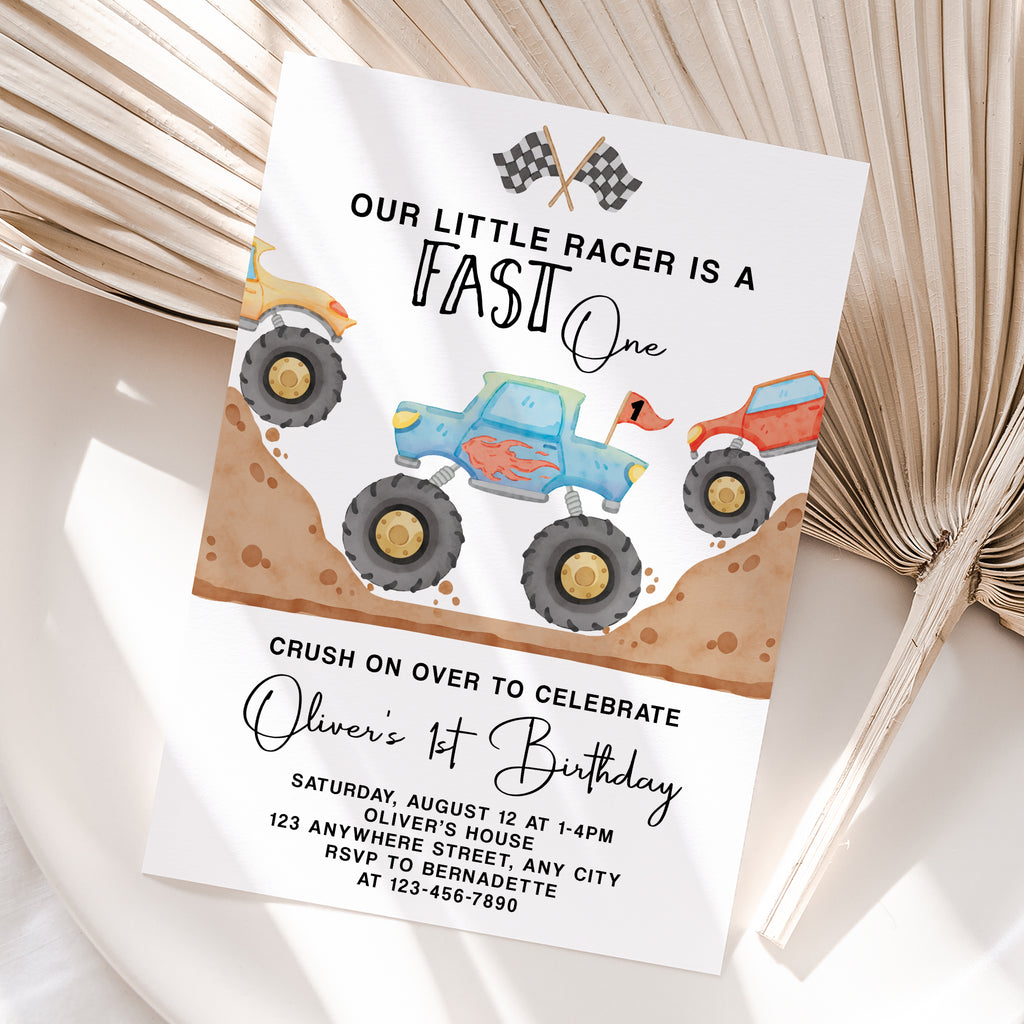 Personalized Monster Truck 1st Birthday Invitation – Digital JPG File
