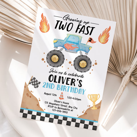 Personalized Monster Truck 2nd Birthday Invitation – Digital JPG File (Version 2)