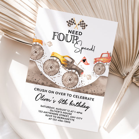 Personalized Monster Truck 4th Birthday Invitation – Digital JPG File (Version 3)