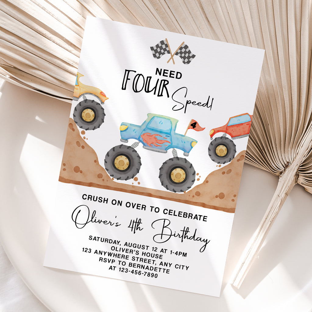 Personalized Monster Truck 4th Birthday Invitation – Digital JPG File