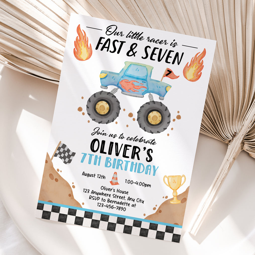 Personalized Monster Truck 7th Birthday Invitation – Digital JPG File (Version 2)