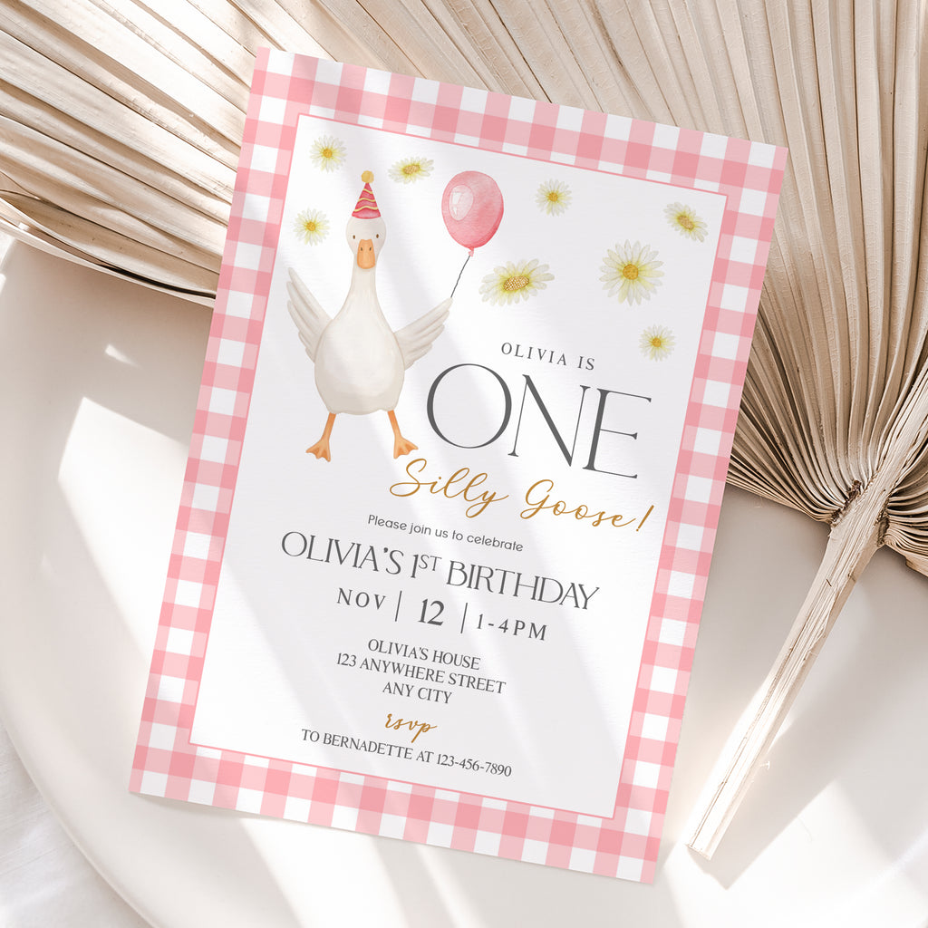 Personalized One Silly Goose Girl 1st Birthday Invitation – Digital JPG File