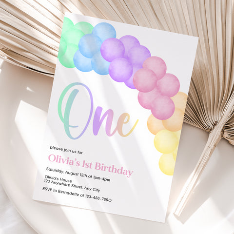 Personalized Pastel Rainbow Balloon 1st Birthday Invitation – Digital JPG File