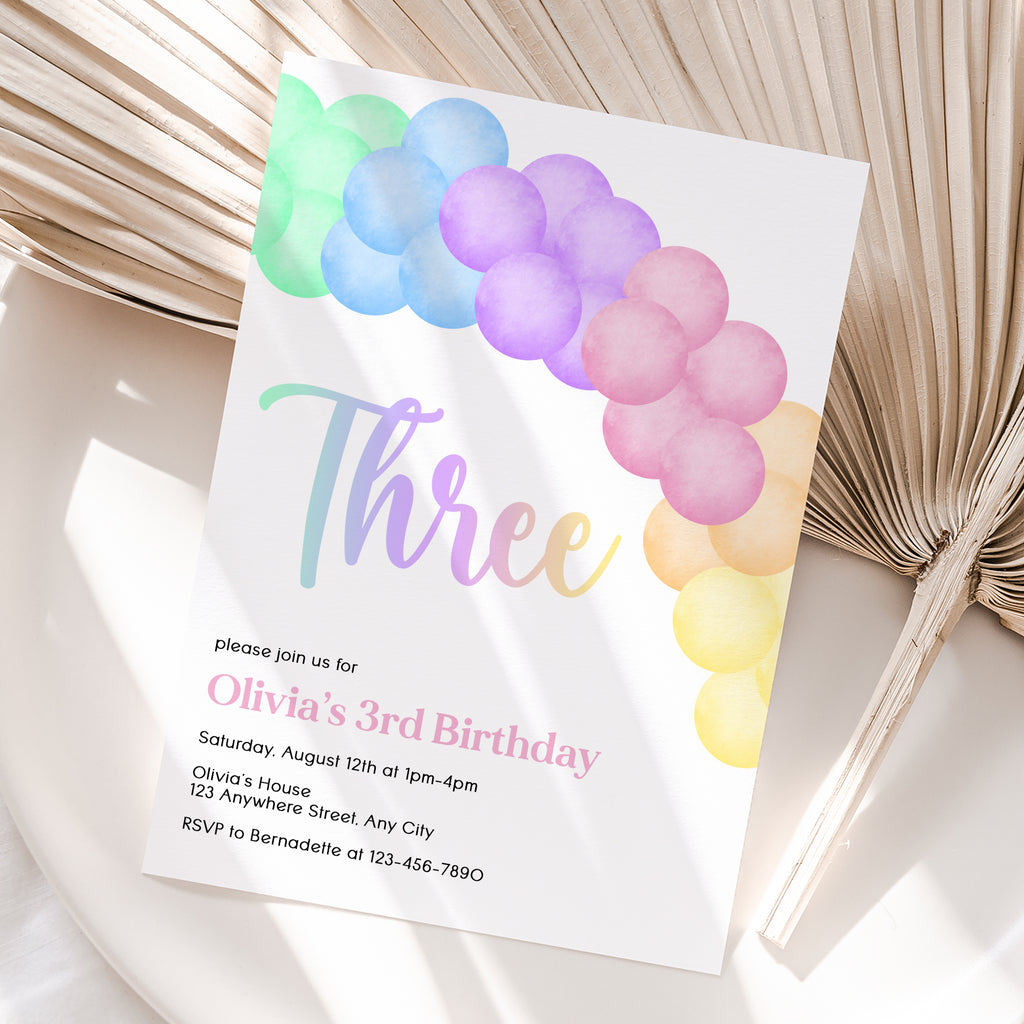 Personalized Pastel Rainbow Balloon 3rd Birthday Invitation – Digital JPG File