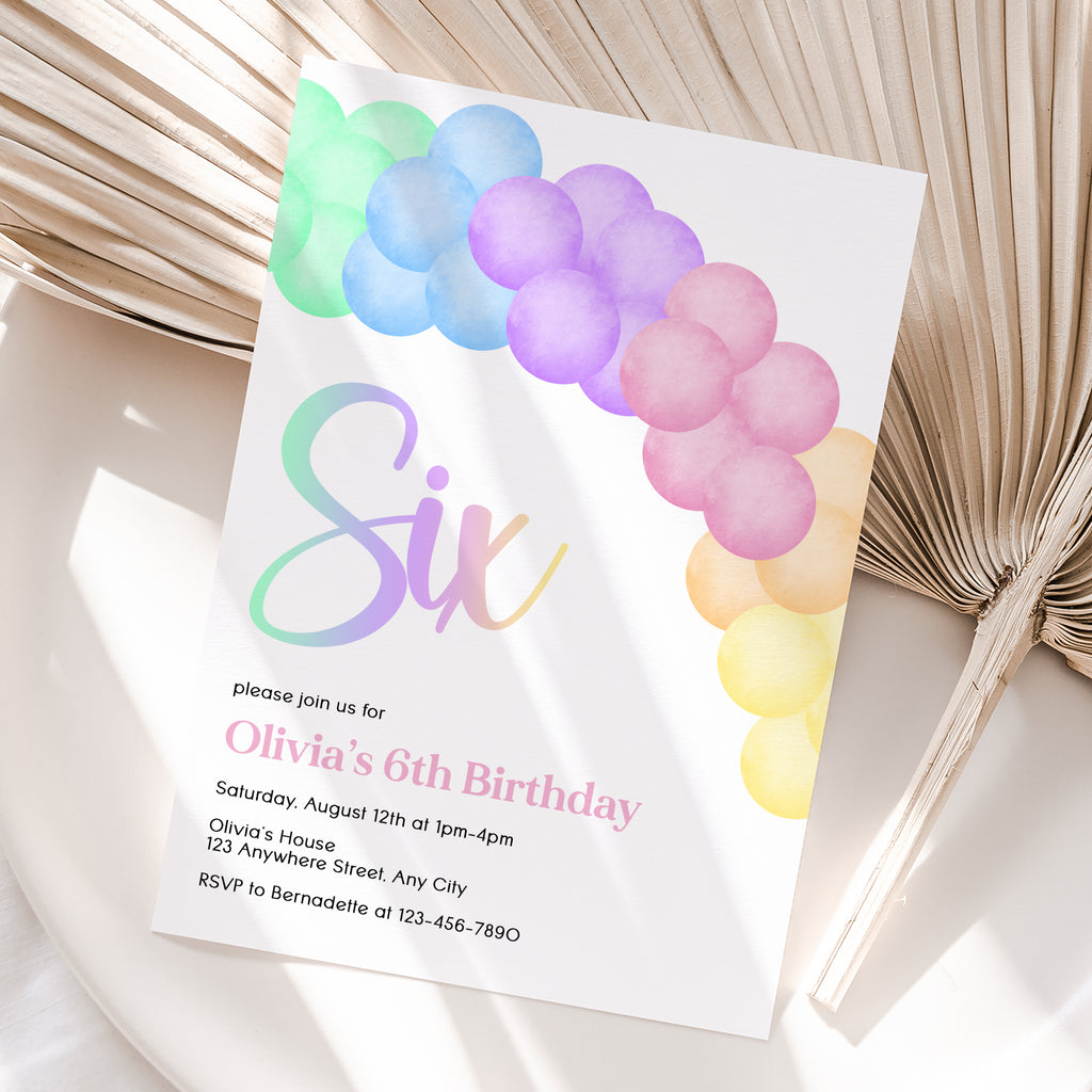 Personalized Pastel Rainbow Balloon 6th Birthday Invitation – Digital JPG File