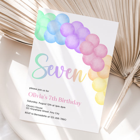 Personalized Pastel Rainbow Balloon 7th Birthday Invitation – Digital JPG File