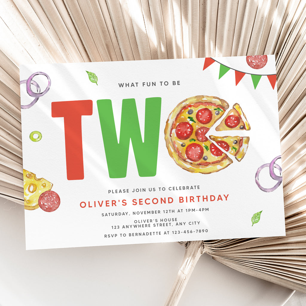 Personalized Pizza Party 2nd Birthday Invitation – Digital JPG File