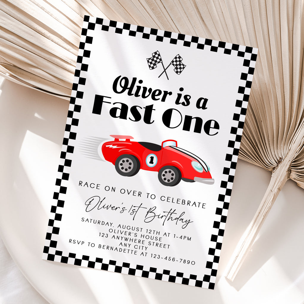Personalized Race Car 1st Birthday Invitation – Digital JPG File (Version 2)
