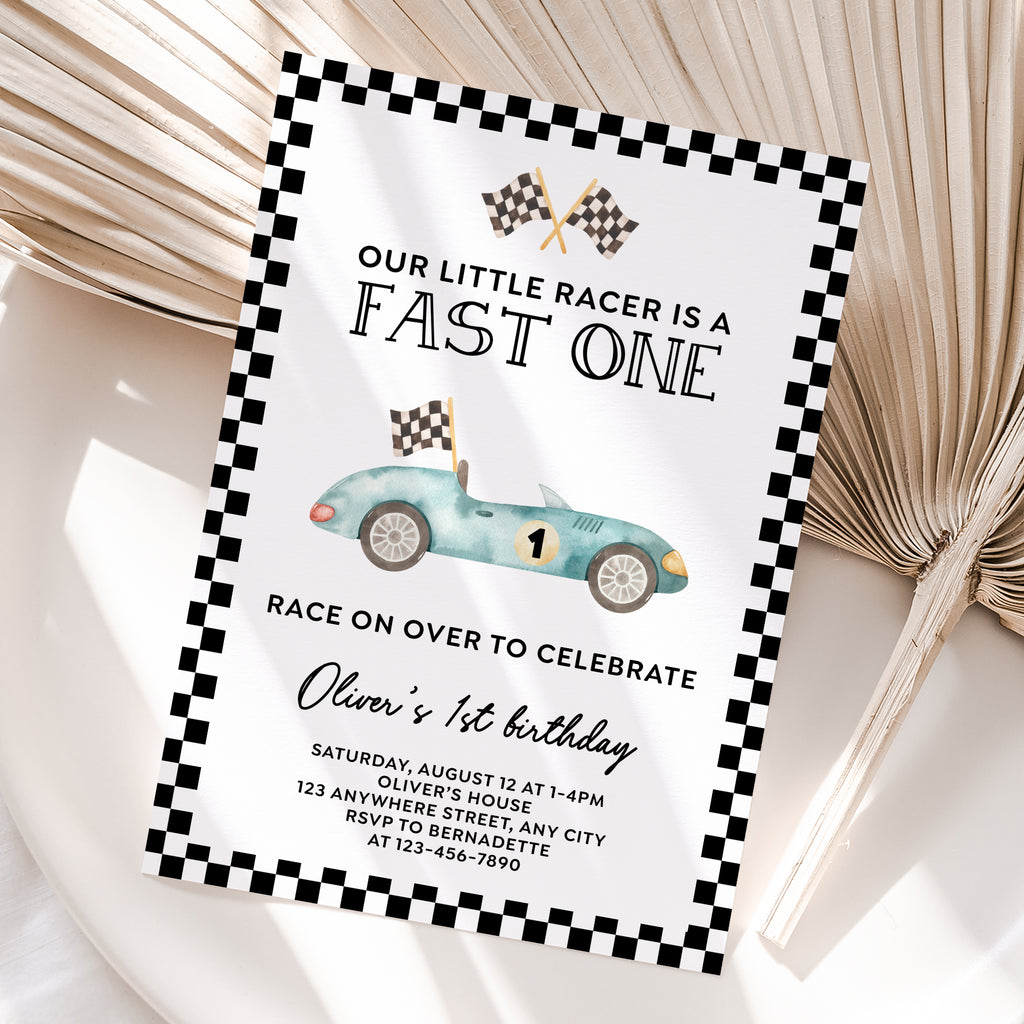 Personalized Race Car 1st Birthday Invitation – Digital JPG File (Version 3)