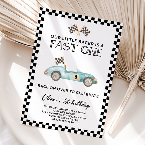 Personalized Race Car 1st Birthday Invitation – Digital JPG File (Version 3)