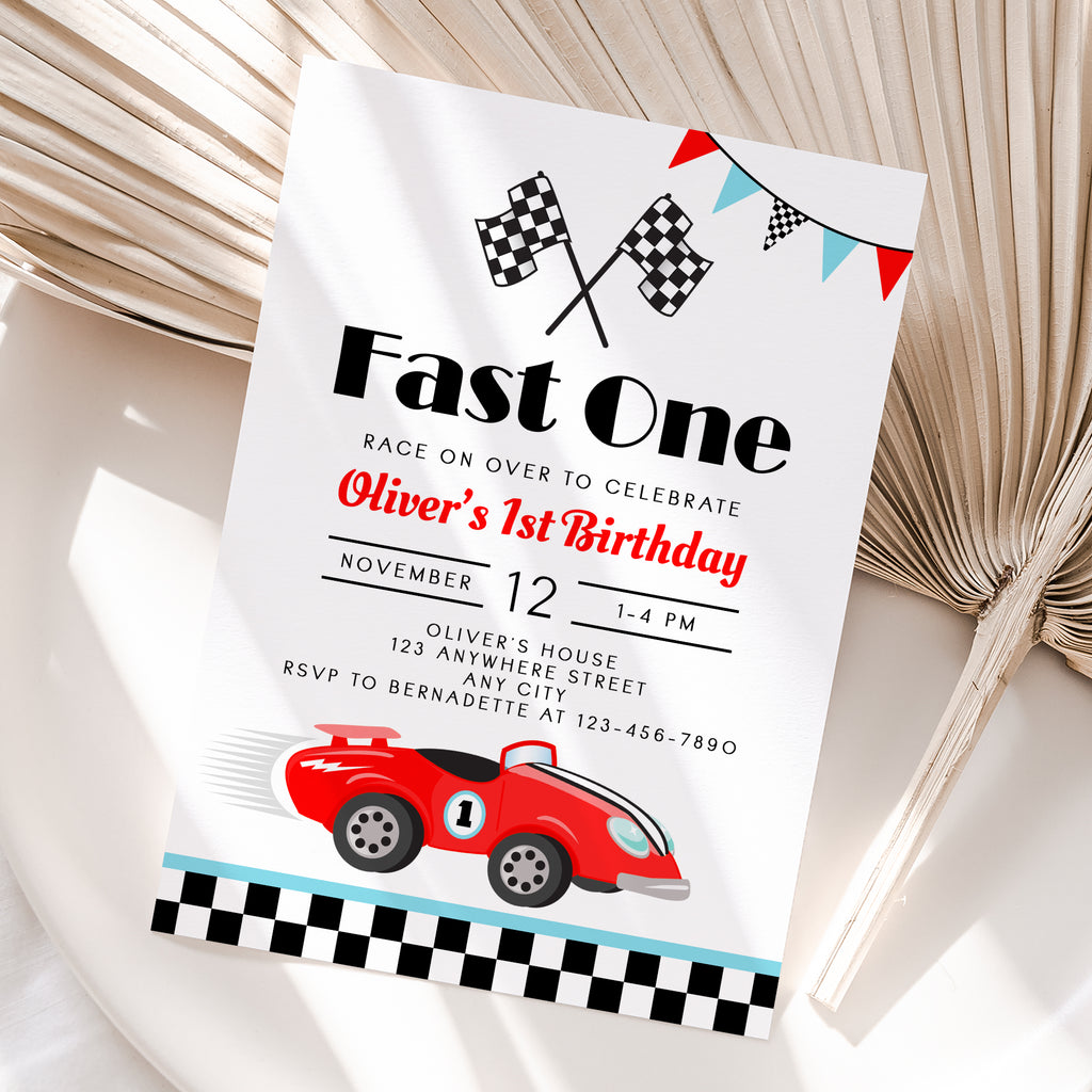 Personalized Race Car 1st Birthday Invitation – Digital JPG File