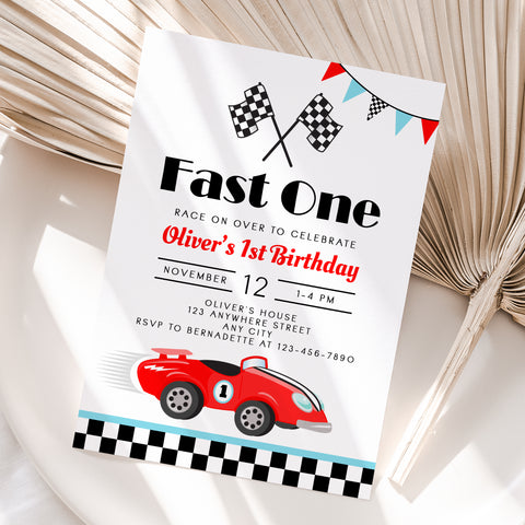 Personalized Race Car 1st Birthday Invitation – Digital JPG File