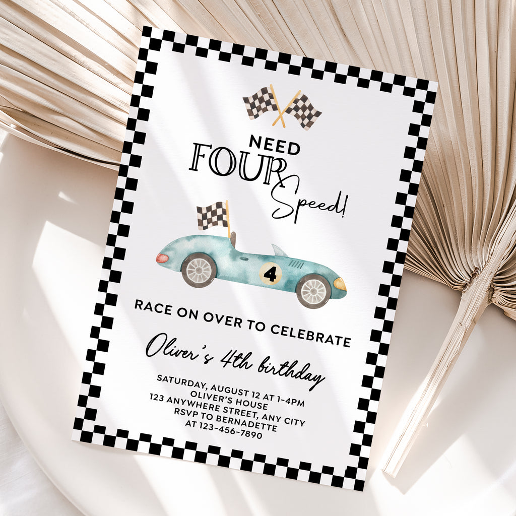 Personalized Race Car 4th Birthday Invitation – Digital JPG File (Version 3)