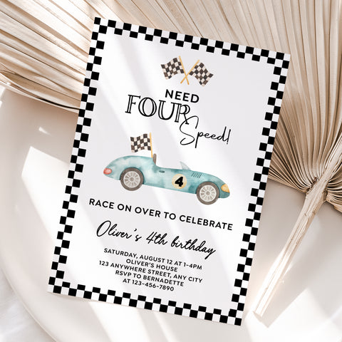Personalized Race Car 4th Birthday Invitation – Digital JPG File (Version 3)