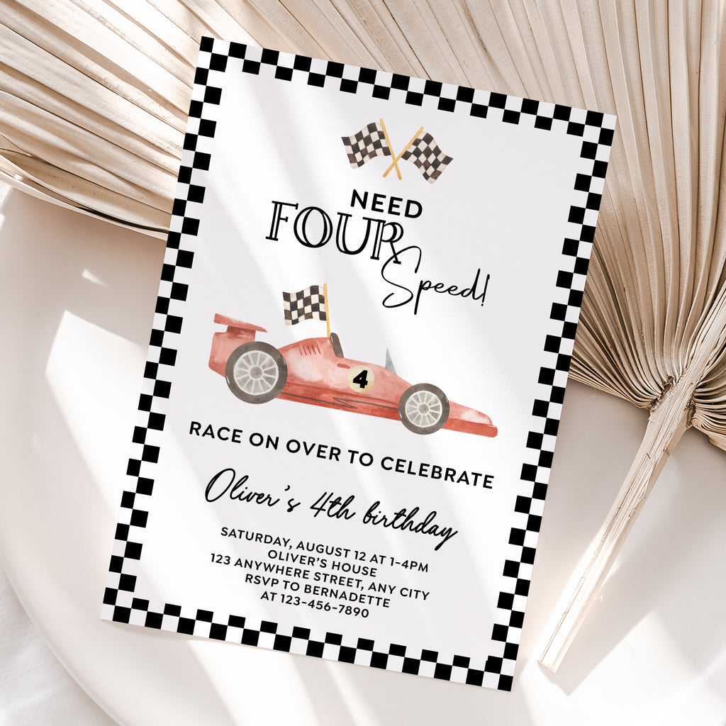 Personalized Race Car 4th Birthday Invitation – Digital JPG File (Version 4)
