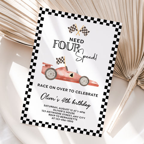 Personalized Race Car 4th Birthday Invitation – Digital JPG File (Version 4)