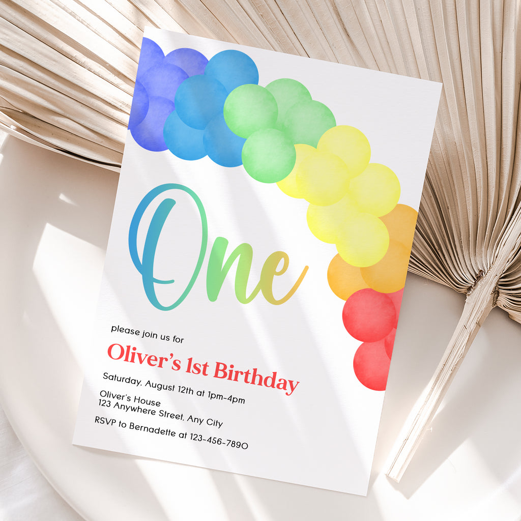 Personalized Rainbow Balloon 1st Birthday Invitation – Digital JPG File