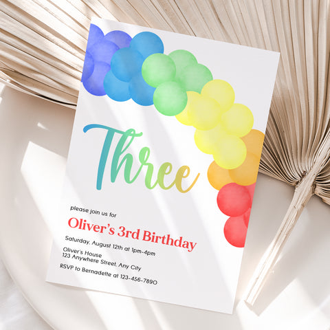 Personalized Rainbow Balloon 3rd Birthday Invitation – Digital JPG File
