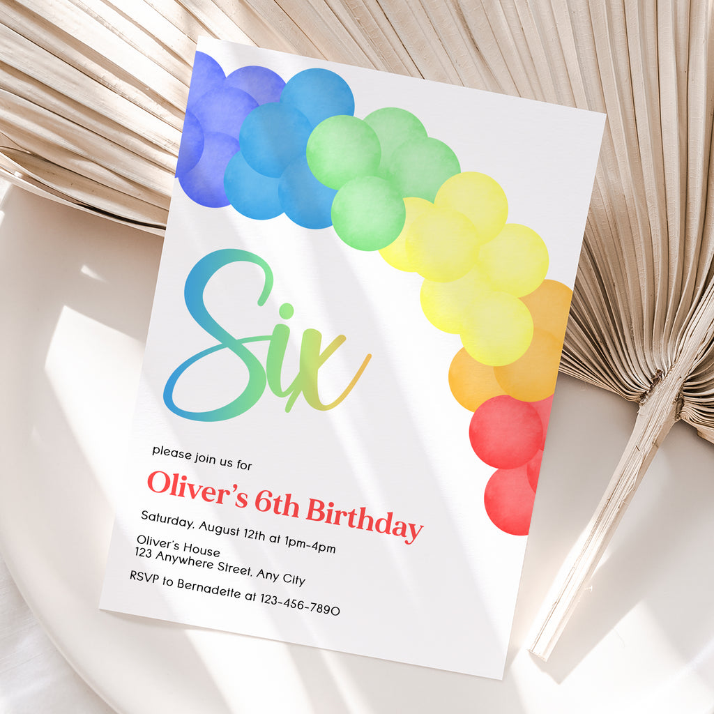 Personalized Rainbow Balloon 6th Birthday Invitation – Digital JPG File
