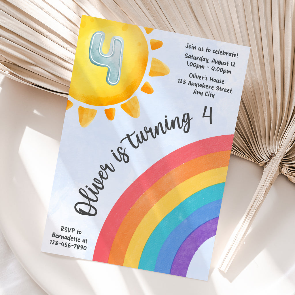 Personalized Rainbow Boy 4th Birthday Invitation – Digital JPG File