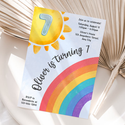 Personalized Rainbow Boy 7th Birthday Invitation – Digital JPG File
