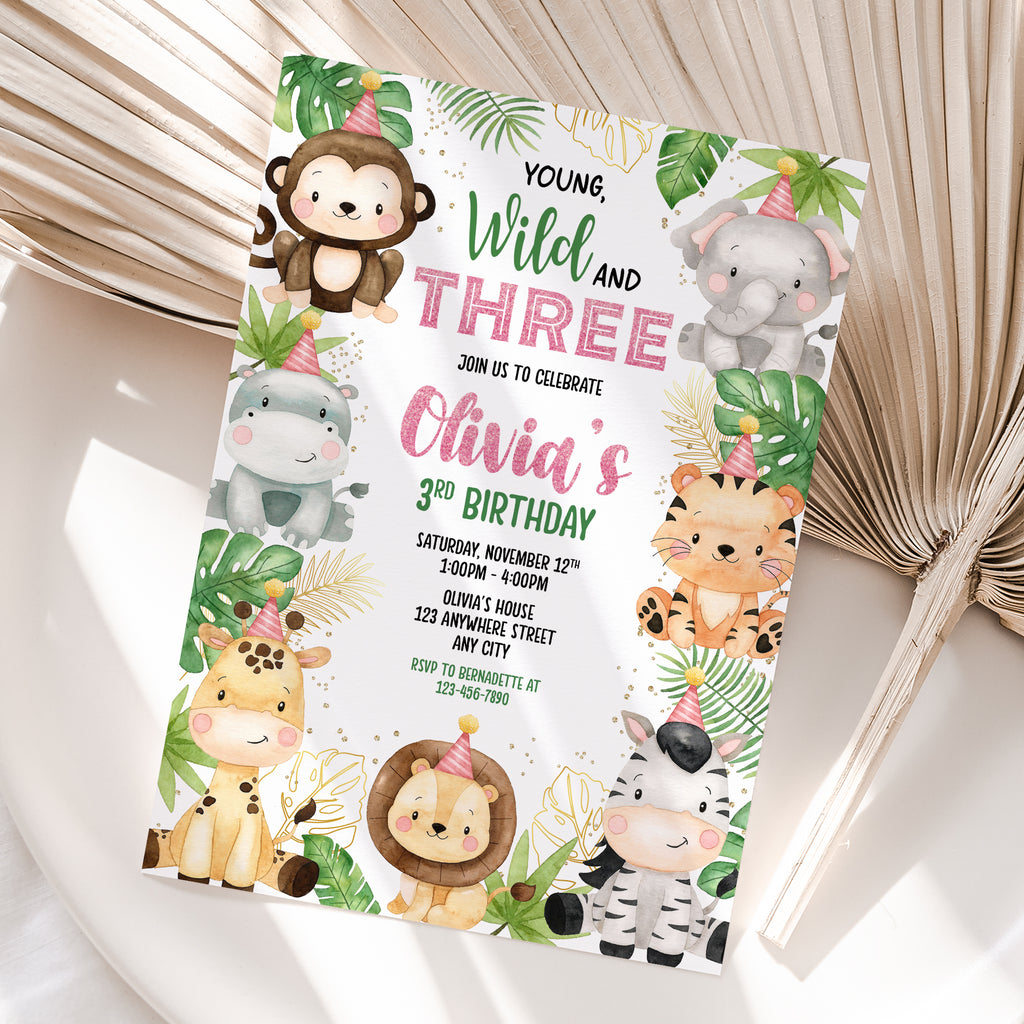 Personalized Safari Girl 3rd Birthday Invitation – Digital JPG File
